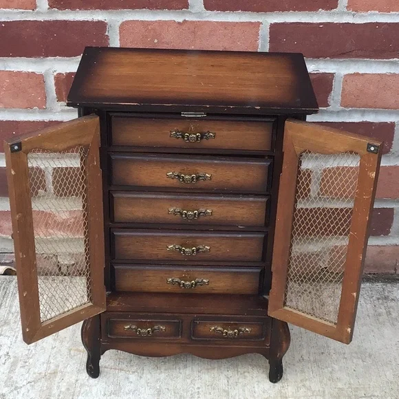 large Vintage Wooden Musical Jewelry Box, velvet lined drawers, made in Japan